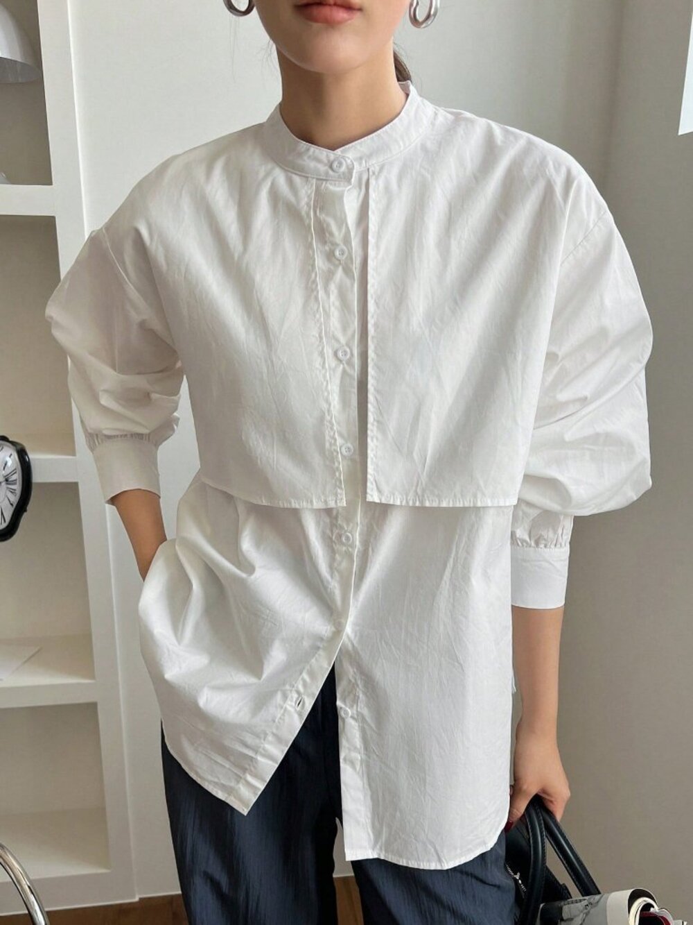 White Casual Oversized Drop Shoulder Button Stand Collar Long Sleeve Shirt - Picture 10 of 12